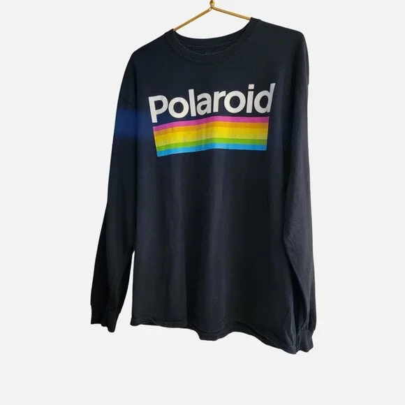 Polaroid Long Sleeve Graphic Tee With Rainbow Stripes On Back & Sleeves - 4X - Picture 1 of 16